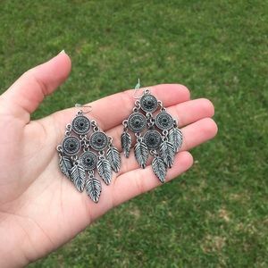 Silver boho drop feather earrings